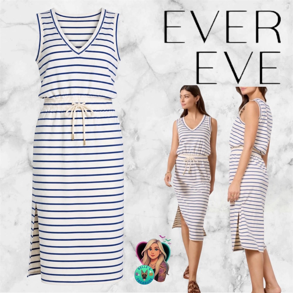 Evereve‎ Womens Medium Alice Striped Dress Blue White V-Neck Midi Coastal Euro
